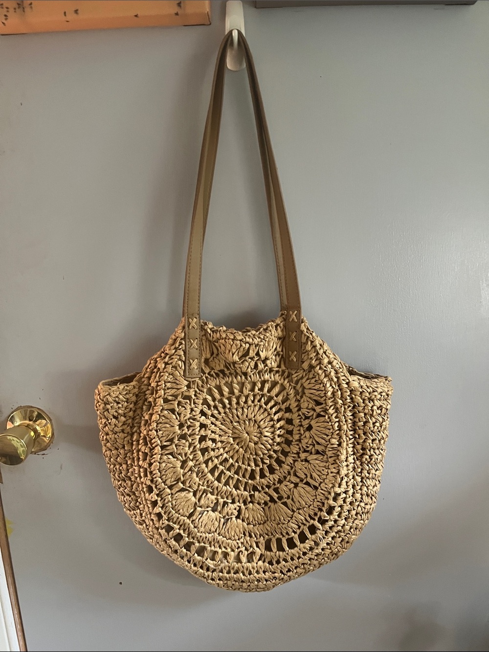 Woven Round Straw Tote Bag with Tan Handles